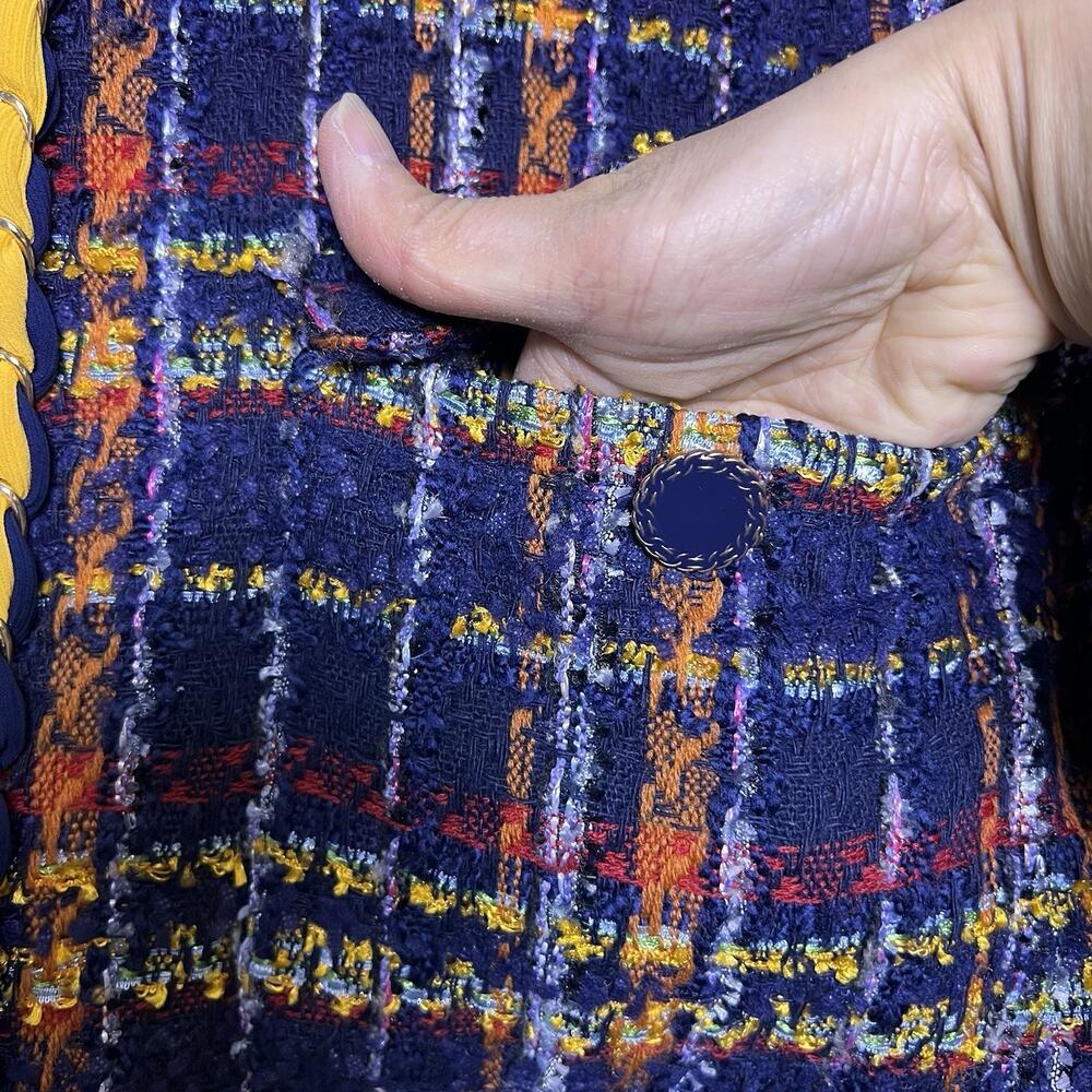 Chico's multicolor plaid tweed open-front jacket yellow braided trim Sz L - Picture 4 of 15